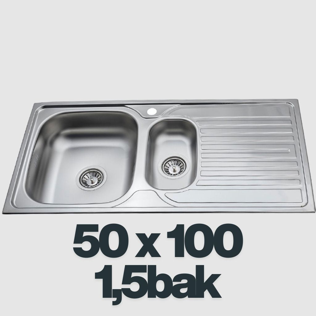 Spoelbak keuken RVS 50x100 cm – 1,5 Bak – Eenvoudige Montage – Inclusief Alle Montage-Accessoires