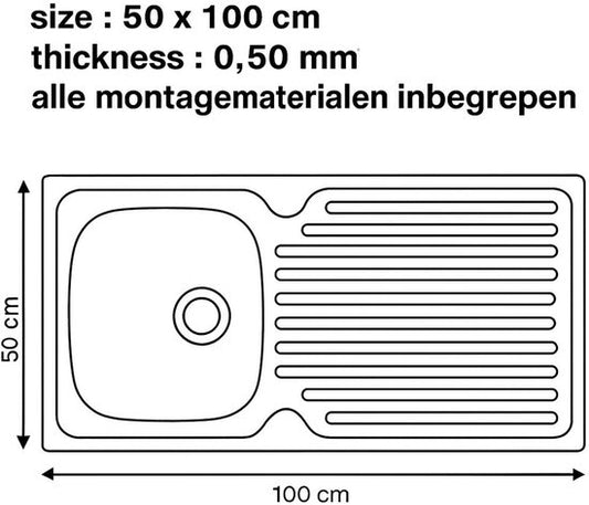 spoelbak keuken RVS 50x100 cm – Inbouw | Opbouw | Inleg – Met Afdruiprek – Complete Montage Set – Doe-Het-Zelf