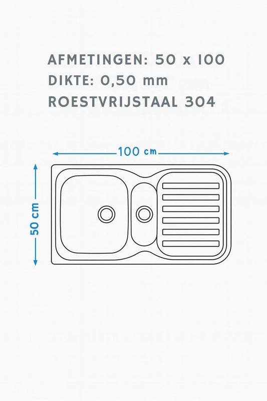 Spoelbak keuken RVS 50x100 cm – 1,5 Bak – Eenvoudige Montage – Inclusief Alle Montage-Accessoires