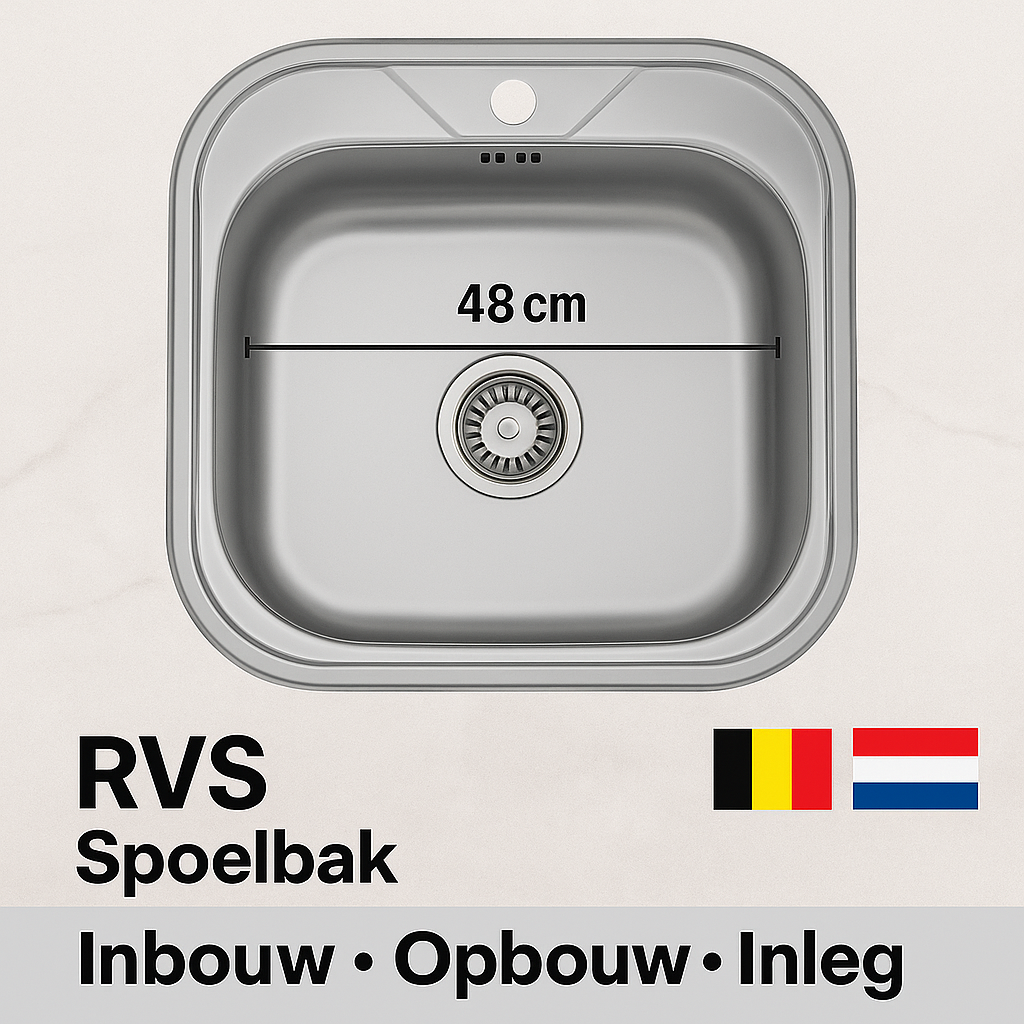 spoelbak keuken RSV 48 x 48 cm – Vierkante Spoelbak – Opbouw / Onderbouw / Inleg – Compleet met Afvoerset RSV 304