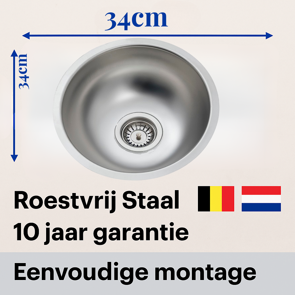 Spoelbak keuken Ronde RVS 34cm – onderbouw Keukenwasbak – Roestvrij Staal – Inclusief Montagemateriaal
